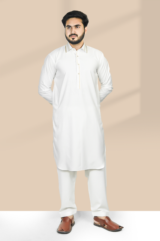 STITCHED SHALWAR WITH KAMEEZ WITH COLLAR- EGG WHITE DN-0017